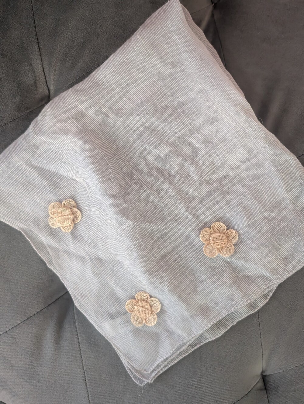 Silk grey scarf w crochet like flowers, made in Italy